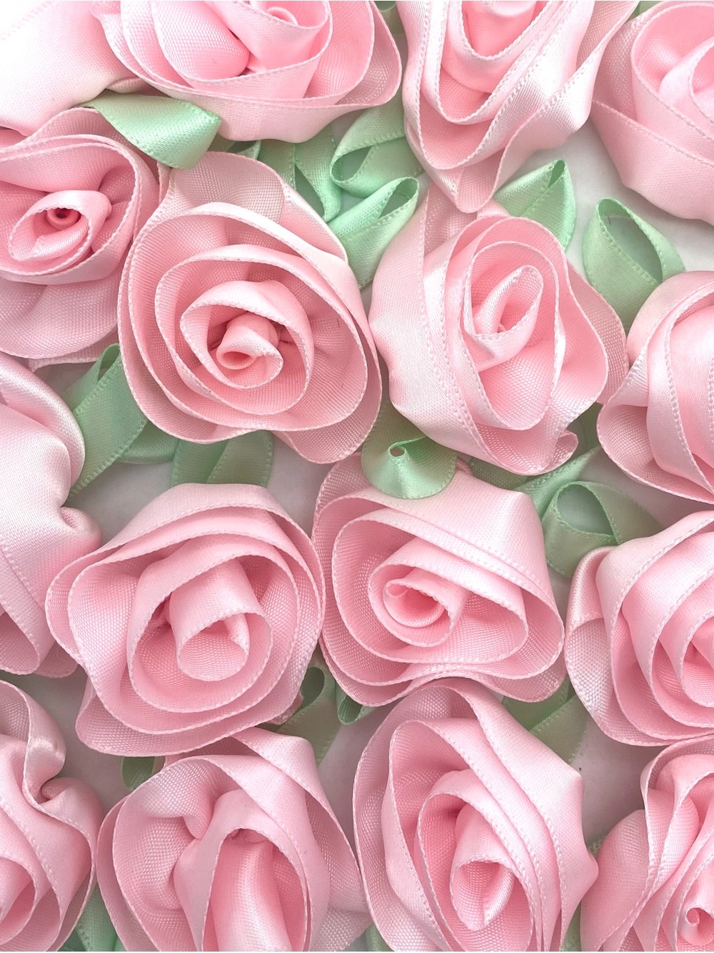 Pink Satin Ribbon Rose Flower Applique w/ Green Leaves, Sew-On, Lot of 22